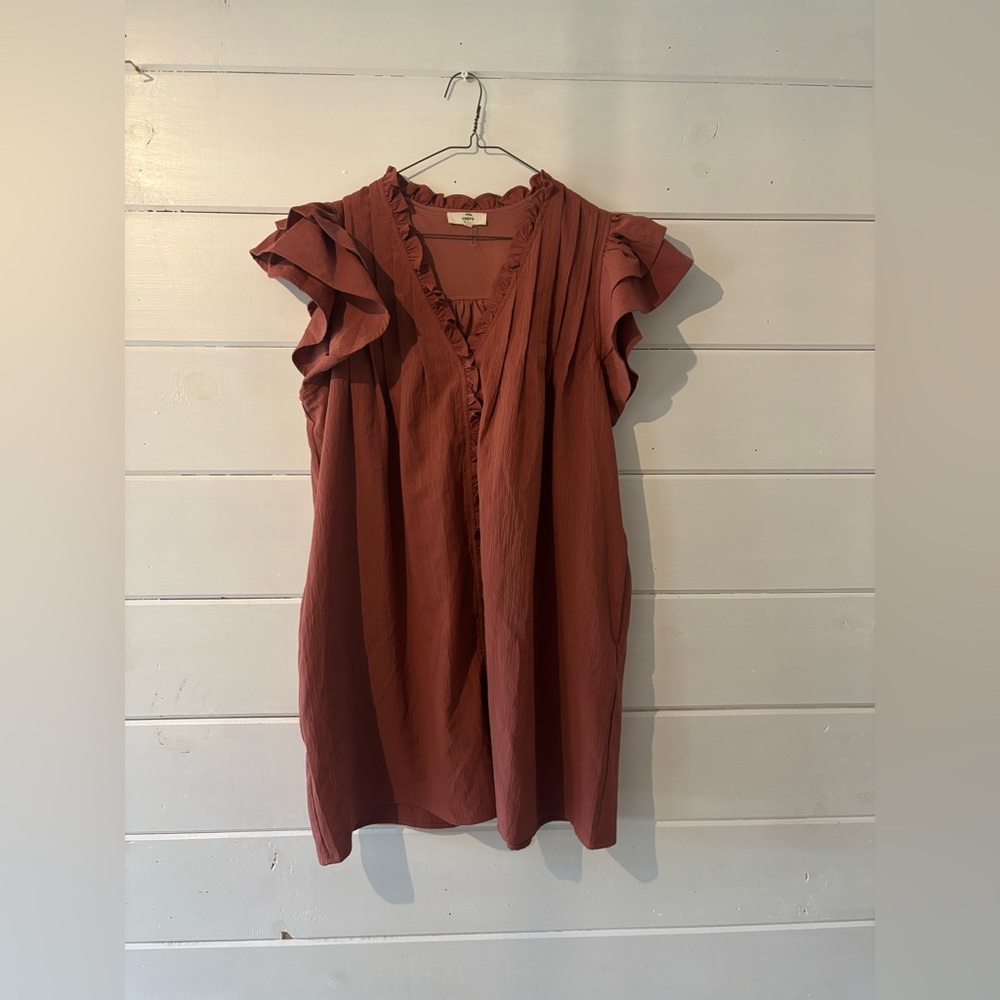 Entro Ruffled Sleeve Rust Dress Large